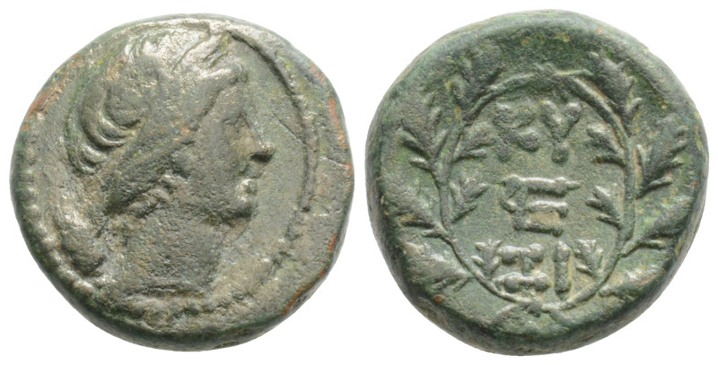 MYSIA. Kyzikos. Ae (2nd-1st centuries BC).
Obv: Head of Kore right.
Rev: KY / ...