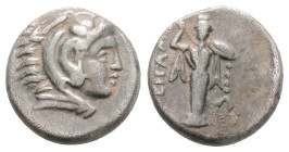 MYSIA. Pergamon. Diobol (Circa 310-282 BC).
Obv: Head of Herakles right, wearing lion skin.
Rev: ΠΕΡΓΑMH.
Archaistic Palladion: facing statue of Palla...