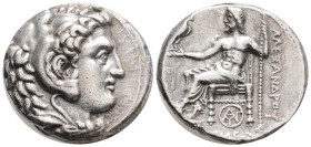 Greek, Kings of Macedon. Babylon. Alexander III "the Great" 336-323 BC. Tetradrachm AR,26,5 mm., 16,84 g.
Head of Herakles right, wearing lion skin he...