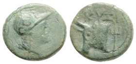 MYSIA. Kyzikos. Ae (Circa 300-180 BC).
Obv: Helmeted head of Athena right.
Rev: KYZI. Head of bull left; kerykeion to right. SNG Copenhagen 64.
Condit...