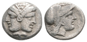 MYSIA. Lampsakos. Obol (Circa 500-450 BC).
Obv: Janus-faced female head with diadem and earring.
Rev: Head of Athena within incuse square right, wea...