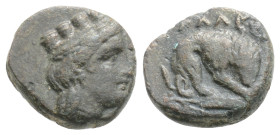 MYSIA. Plakia. Ae (4th century BC).
Obv: Turreted head of Kybele right.
Rev: ΠΛΑΚΙΑ. Lion, devouring prey, standing right on grain ear right. SNG BN 2...