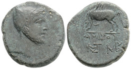 PONTOS. Amisos. Time of Mithradates VI Eupator (Circa 100-95 or 80-70 BC). Ae.
Obv: Head of Perseus right, wearing Phrygian cap.
Rev: AMIΣOY. Pegasos ...