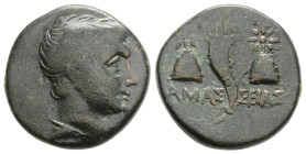 PONTOS. Amaseia. Ae. Struck under Mithradates VI (Circa 120-111 or 110-100 BC).
Obv: Draped and winged bust of Perseus right.
Rev: ΑΜΑΣ - ΣΕΙΑΣ. Cornu...