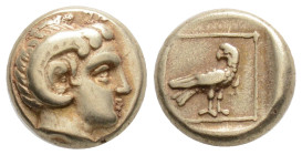 LESBOS. Mytilene. EL Hekte (Circa 377-326 BC).
Obv: Head of Apollo Karneios right, with horn of Ammon.
Rev: Eagle standing right, head left, within li...