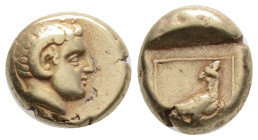LESBOS. Mytilene. EL Hekte (Circa 377-326 BC).
Obv: Head of Apollo Karneios right, with horn of Ammon.
Rev: Eagle standing right, head left, within li...