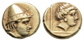 LESBOS. Mytilene. EL Hekte (Circa 377-326 BC).
Obv: Head of Kabeiros right, wearing conical pilos; star to left and right.
Rev: Head of Persephone rig...