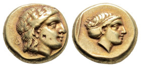 LESBOS. Mytilene. EL Hekte (Circa 377-326 BC).
Obv: Laureate head of Apollo (or Dionysos?) right.
Rev: Draped female bust (of Artemis?) right within l...