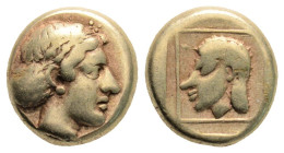 LESBOS. Mytilene. EL Hekte (Circa 412-378 BC).
Obv: Head of Artemis-Kybele right, with hair in sakkos.
Rev: Head of Telchine left, with hair in sakkos...