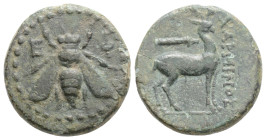 IONIA, Ephesos. Circa 200 BC. Æ.Charminos, magistrate. Obv: Bee.
Rev: Stag standing right; quiver above, XAPMINO[Σ] to right. SNG Copenhagen 264. 
,