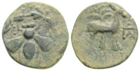 IONIA. Ephesos. Ae (Circa 202-133 BC). Apollonios(?), magistrate.
Obv: Ε - Φ. Bee within wreath.
Rev: ΑΠΟΛΛΩΝΙΟΣ. Stag standing right; in background, ...