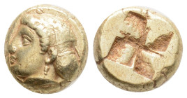 IONIA. Phokaia. EL Hekte (Circa 478-387 BC).
Obv: Head of nymph left, with hair in sakkos; to right, small seal downward.
Rev: Quadripartite incuse sq...
