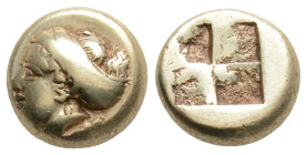 IONIA. Phokaia. EL Hekte (Circa 387-326 BC).
Obv: Laureate head of female left, with hair in sakkos; below, small inverted seal right.
Rev: Quadripart...