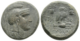 IONIA. Priene. Ae (Circa 150-125 BC). Achilleides, magistrate.
Obv: Helmeted head of Athena right.
Rev: ΠPIH / AXIΛΛEIΔHΣ.
Owl, with head facing, stan...