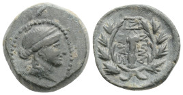 LYDIA. Sardeis. Ae (2nd-1st centuries BC).
Obv: Laureate head of Apollo right.
Rev: ΣAPΔIA / NΩN. Club right within wreath; monogram to right. SNG C...