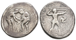 PAMPHYLIA. Aspendos. Stater (Circa 380/75-330/25 BC).
Obv: Two wrestlers grappling; ΔA between.
Rev: EΣTFEΔIIYΣ.
Slinger in throwing stance right; tri...