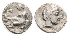 CILICIA. Tarsos. Obol (Circa 389-375 BC). Obv: Young woman kneeling left, casting astragaloi. Rev: Head of young man right. Ziegler 606; Casabonne Typ...
