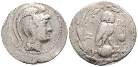 ATTICA. Athens. Drachm (132/1 BC). New Style Coinage. Dorothe-, Dioph- and Char-, magistrates.
Obv: Helmeted head of Athena right.
Rev: Owl standing r...