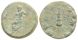 CILICIA. Tarsos. Ae (164-27 BC). Obv: Downward club; monogram to left and right; all within wreath. Rev: TΑΡCЄΩΝ. Zeus seated left on throne, holding ...