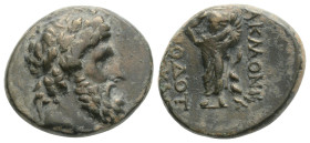 PHRYGIA. Acmoneia. Ae (1st century BC). Timotheos Menela, magistrate.
Obv: Head of Zeus right, wearing oak wreath.
Rev: AKMONE TIMOΘEOY MENEΛA. Asklep...