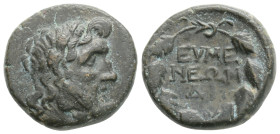 PHRYGIA. Eumeneia. Ae (Circa 200-133 BC).
Obv: Laureate head of Zeus right.
Rev: EYME / NEΩN. Legend in two lines within wreath. SNG Copenhagen 377-8;...