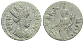 LYDIA. Hyrcanis. Pseudo-autonomous. Time of the Antonines (138-192). Ae.
Obv: VPKANΩN. Turreted and draped bust of Tyche right.
Rev: VPKANΩN. Tyche st...