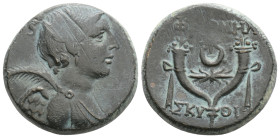 PHRYGIA. Philomelion. Ae (Late 2nd-1st centuries BC). Skythi-, magistrate.
Obv: Draped bust of Nike right, with palm frond over shoulder.
Rev: ΦΙΛΟΜΗΛ...