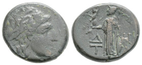 AEOLIS. Temnos. Ae (2nd-1st centuries BC).
Obv: Wreathed head of Dionysos right.
Rev: Δ - H / T - A. Athena standing left with Nike and spear; shield ...
