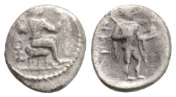 CILICIA. Tarsos. Tiribazos (Satrap of Lydia, 388-380). Obol.
Obv: Baaltars seated right on throne, holding eagle and lotus-tipped sceptre; monogram to...
