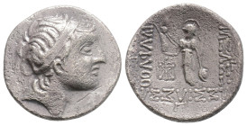KINGS OF CAPPADOCIA. Ariarathes V Eusebes Philopator (Circa 163-130 BC). Contemporary Imitation Drachm.
Obv: Diademed head right.
Rev: Athena Nikephor...