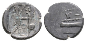 Samaria, uncertain mint AR Obol. Circa 375-333 BC. Obv: Sidonian galley to left over waves. Rev: Persian king battling lion, O between; all within inc...