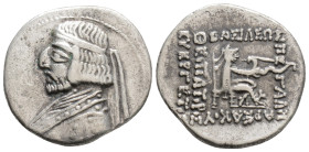 KINGS of PARTHIA. Arsakes XVI (78/7-62/1 BC). Drachm. Ekbatana.
Obv: Diademed bust left.
Rev: Archer (Arsakes I) seated right on throne, holding bow. ...