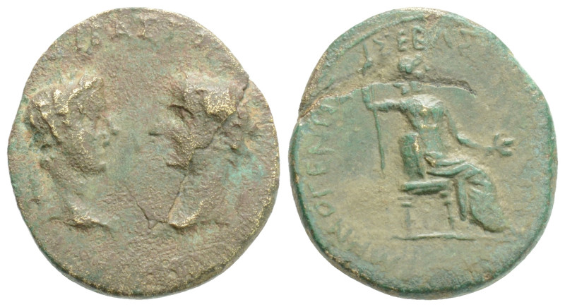 MYSIA. Pergamum. Tiberius with Augustus and Livia (14-37). Ae. Poppaeus, procons...