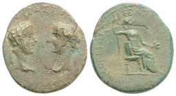 MYSIA. Pergamum. Tiberius with Augustus and Livia (14-37). Ae. Poppaeus, proconsul, and Menogenes, magistrate.
Obv: ΣEBAΣTOI / EΠI ΠOΠΠAIOY. Laureate ...