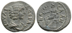 LYDIA. Sala. Julia Domna (Augusta, 193-217). Ae.
Obv: IOVΛIA CЄBAC. Draped bust right.
Rev: CAΛHNΩN. Kybele seated left on throne, holding patera and ...