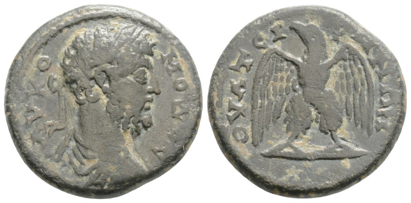 LYDIA. Thyateira. Commodus (177-192). Ae.
Obv: AV KOMODOC.
Laureate, draped and ...