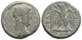 LYDIA. Thyateira. Commodus (177-192). Ae.
Obv: AV KOMODOC.
Laureate, draped and cuirassed bust right.
Rev: ΘVΑΤ / ƐΙΡΗ / ΝΩΝ.
Eagle standing facing, h...