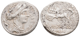 P. PLAUTIUS HYPSAEUS. Denarius (57 BC). Rome.
Obv: P YPSAE S C.
Draped bust of Leuconoë right; to left, dolphin swimming right.
Rev: C YPSAE COS / PRI...