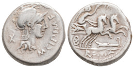 M. CIPIUS M. F. Denarius (115-114 BC). Rome.
Obv: M CIPI M F.
Helmeted head of Roma right; X (mark of value) to left.
Rev: ROMA.
Victory driving gallo...