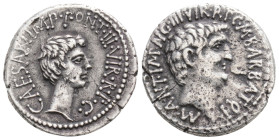 Marc Antony and Octavian, as Imperators and Triumvirs (43-33 BC). AR denarius. Ephesus, 41 BC.
Obv: M•ANT•IMP•AVG•III•VIR•R•P•C•M BARBAT•Q•P (MP and ...