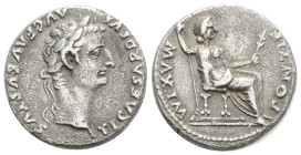TIBERIUS (14-37). Denarius. "Tribute Penny" type. Lugdunum.
Obv: TI CAESAR DIVI AVG F AVGVSTVS.
Laureate head right.
Rev: PONTIF MAXIM.
Livia (as Pax)...