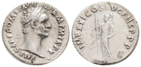 DOMITIAN (81-96). Denarius. Rome.
Obv: IMP CAES DOMIT AVG GERM P M TR P XI.
Laureate head right.
Rev: IMP XXI COS XVI CENS P P P.
Minerva standing lef...