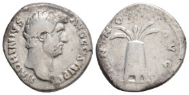 HADRIAN (117-138). Denarius. Rome.
Obv: HADRIANVS AVG COS III P P.
Laureate bust right, with slight drapery.
Rev: ANNONA AVG.
Modius with grain ears a...