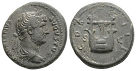 HADRIAN (117-138). Semis. Rome.
Obv: HADRIANVS AVGVSTVS.
Laureate, draped, and cuirassed bust right.
Rev: COS III / S - C.
Lyre.
RIC² 758.
Condition: ...