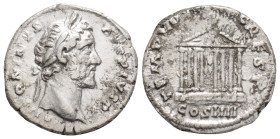 ANTONINUS PIUS (138-161). Denarius. Rome. 
Obv: ANTONINVS AVG PIVS P P TR P XXII. Laureate head right. 
Rev: TEMPLVM DIV AVG REST / COS IIII. Octastyl...