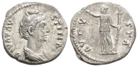 DIVA FAUSTINA I (Augusta, 138-140). Denarius. Rome.
Obv: DIVA FAVSTINA.
Draped bust right.
Rev: AVGVSTA.
Ceres standing left, raising hand and holding...