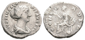 FAUSTINA II (Augusta, 147-175). Denarius. Rome.
Obv: FAVSTINA AVG PII AVG FIL. Draped bust right.
Rev: CONCORDIA. Concordia seated left on throne, h...