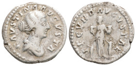 FAUSTINA II (Augusta, 147-175). Denarius. Rome.
Obv: FAVSTINA AVGVSTA. Draped bust right.
Rev: FECVND AVGVSTAE. Fecunditas standing left, holding an i...