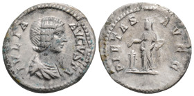 JULIA DOMNA (Augusta, 193-217). Denarius. Rome.
Obv: IVLIA AVGVSTA. Draped bust right.
Rev: PIETAS AVGG. Pietas standing left, holding acerrum and dro...