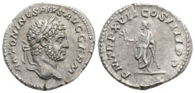 CARACALLA (198-217). Denarius. Rome.
Obv: ANTONINVS PIVS AVG GERM.
Laureate head right.
Rev: P M TR P XVIII COS IIII P P.
Pax standing left, holding b...